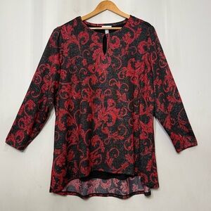 Susan Graver Liquid Knit Tunic Top Dark Red Scroll Whimsigoth Metallic Print 2X